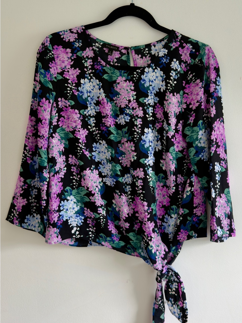 Talbots Black Floral Tie-Front Blouse - Purple, Blue & Green